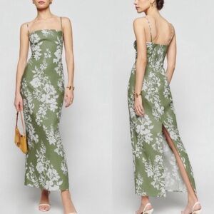 Reformation Frankie Green & White Floral Linen Dress